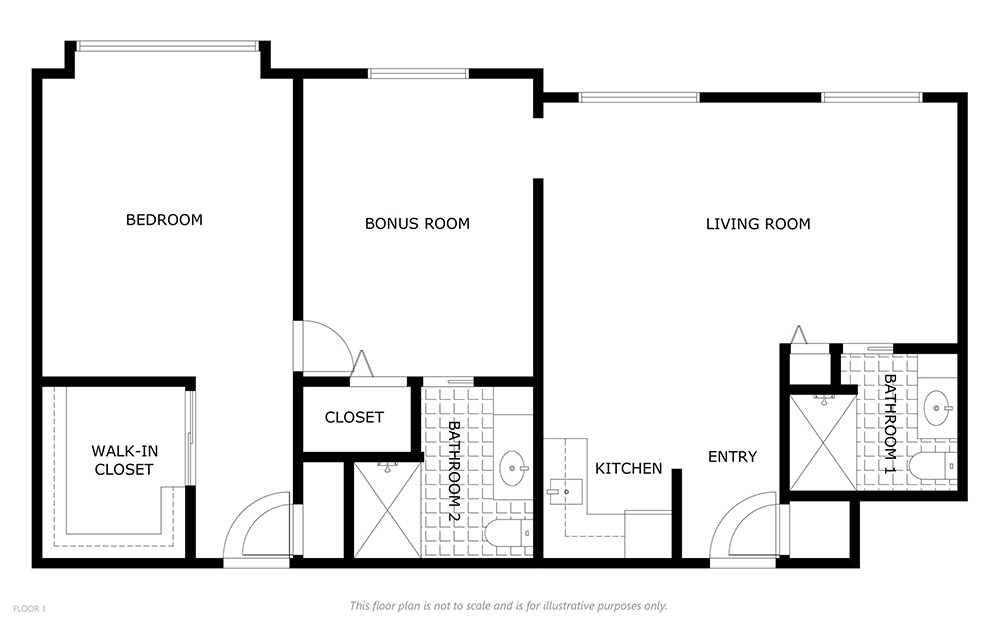 A floor plan layout for a 143 conversion apartment showing a bedroom with a walk-in closet, a bonus room with its own closet, a living room, kitchen, entryway, two bathrooms, and washer/dryer area. Rooms are labeled accordingly.